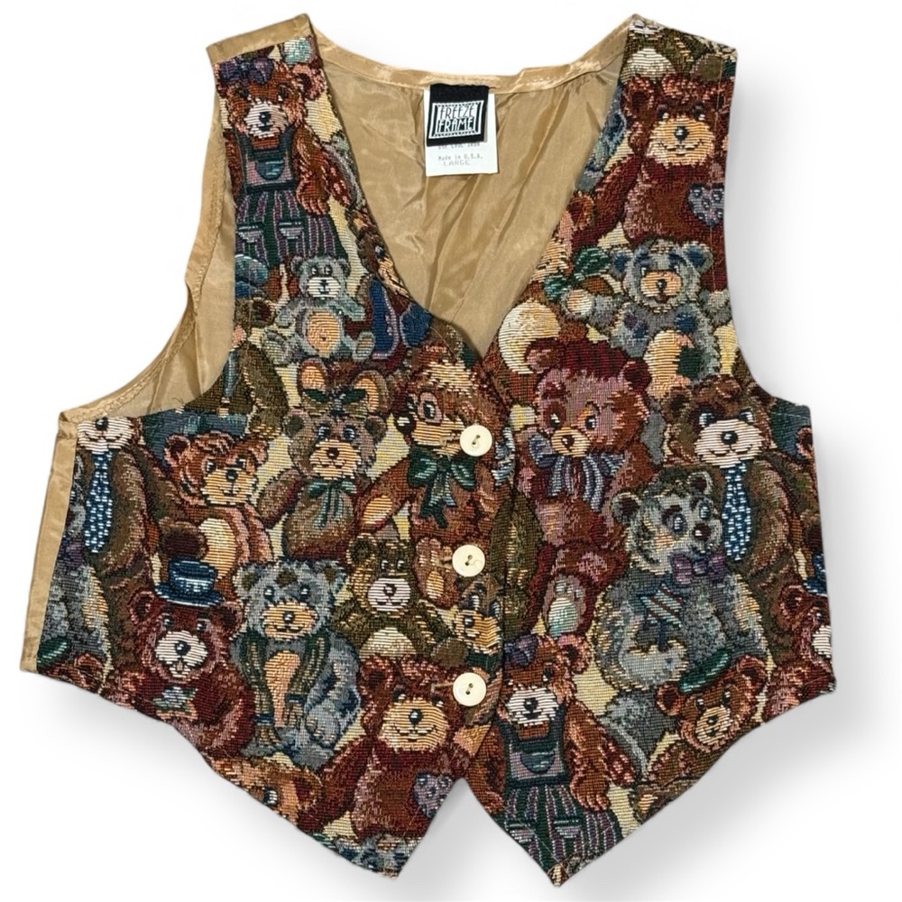 Vintage Teddy Bear Tapestry Vest Toddler Collectible button front Large